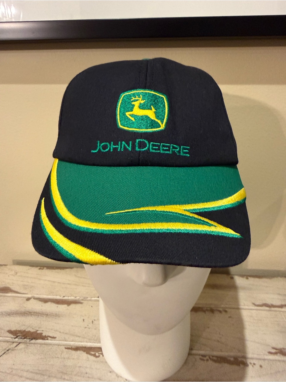 VINTAGE John Deere K-Products Black Green Yellow Curved Brim Baseball Cap Hat